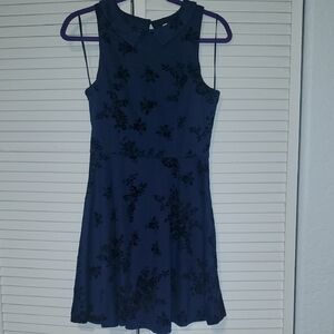LC Lauren Conrad Navy Dress with Black Floral Velvet Accents